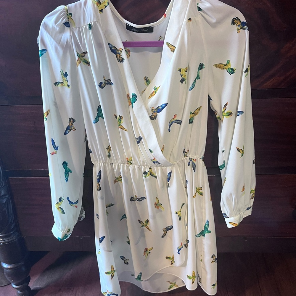 Honey Punch White Dress with Colorful Humming Bird Design